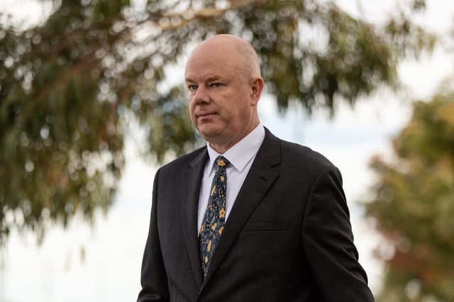 Simon Patterson arrives at the Morwell Supreme Court in Morwell, Victoria, Monday, May 5, 2025. (AAP Image/Diego Fedele) NO ARCHIVING