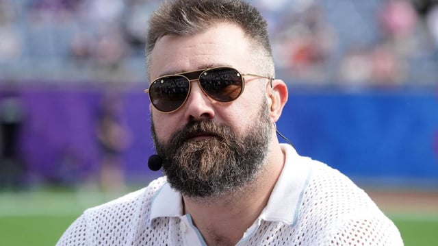 Feb 2, 2025; Orlando, FL, USA; Jason Kelce on the ESPN postseason countdown set during the 2025 Pro Bowl Games at Camping World Stadium. Mandatory Credit: Kirby Lee-Imagn Images