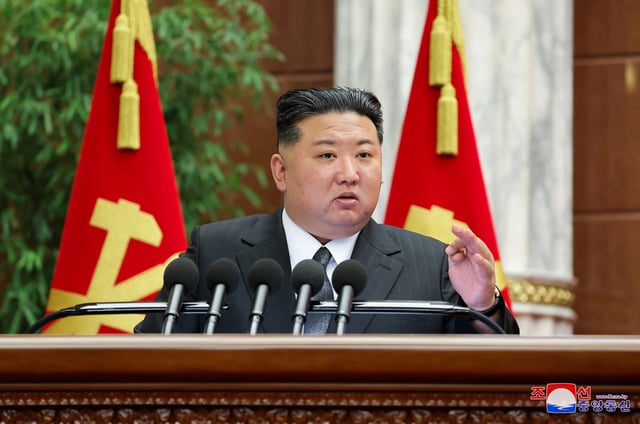 North Korean leader Kim Jong Un speaks during a meeting of the country's ruling party, in Pyongyang, North Korea, in this photo released on December 29, 2024 by North Korea's official Korean Central News Agency.    KCNA via REUTERS/File Photo