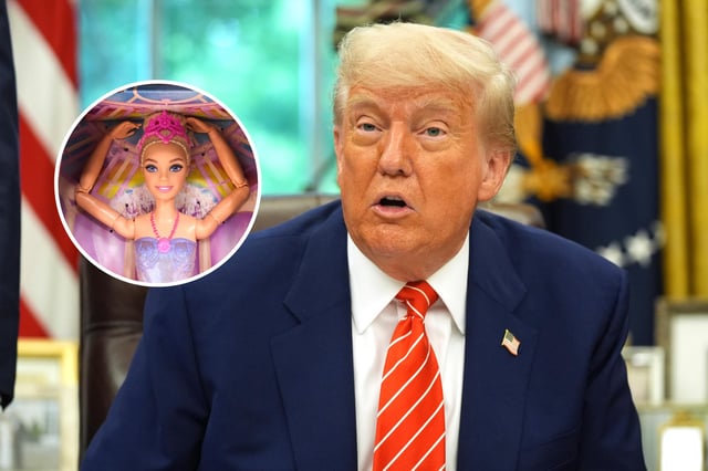 President Donald Trump delivers remarks on a trade deal with United Kingdom in the Oval Office of the White House, Thursday, May 8, 2025, in Washington. Barbie doll in its box is seen on the stand of a toy store on July 19, 2023 in Madrid, Spain.
