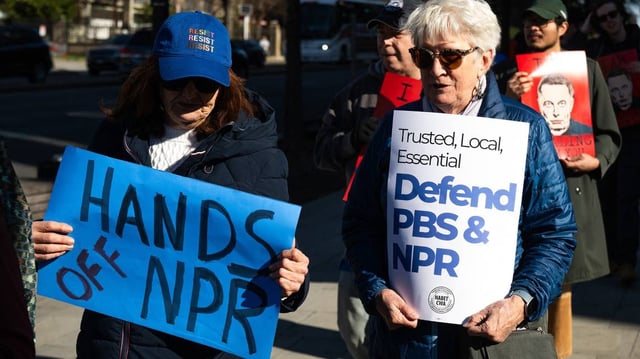 People participate in a rally to call on Congress to protect funding for US public broadcasters, Public Broadcasting Service (PBS) and National Public Radio (NPR), outside the NPR headquarters in Washington, D.C., on March 26, 2025. (Saul Loeb/AFP/Getty Images/TNS)
