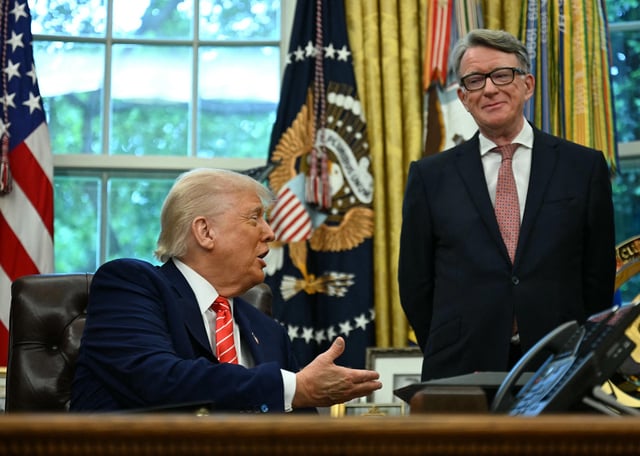 President Donald Trump speaks alongside British ambassador to the United States Peter Mandelson after making a trade announcement with the United Kingdom on Thursday.