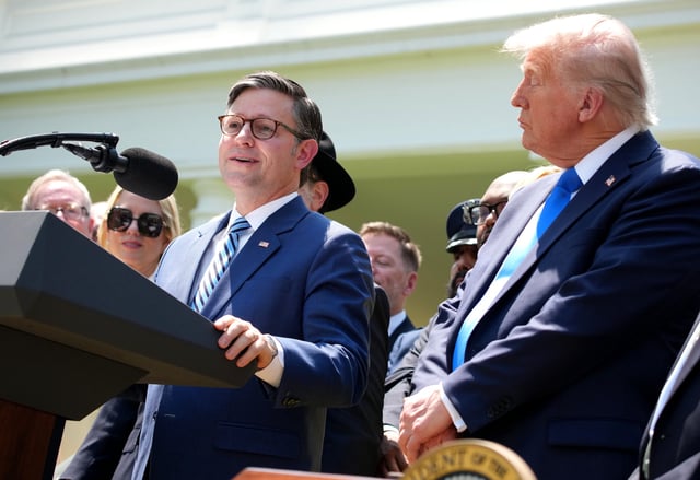 U.S. Speaker of the House Mike Johnson (R-LA) speaks alongside President Donald Trump during a National Day of Prayer event in the Rose Garden at the White House on May 1, 2025 in Washington, DC. The National Day of Prayer is a congressionally recognized observance that calls on people of all faiths to participate in a day of prayer and reflection.