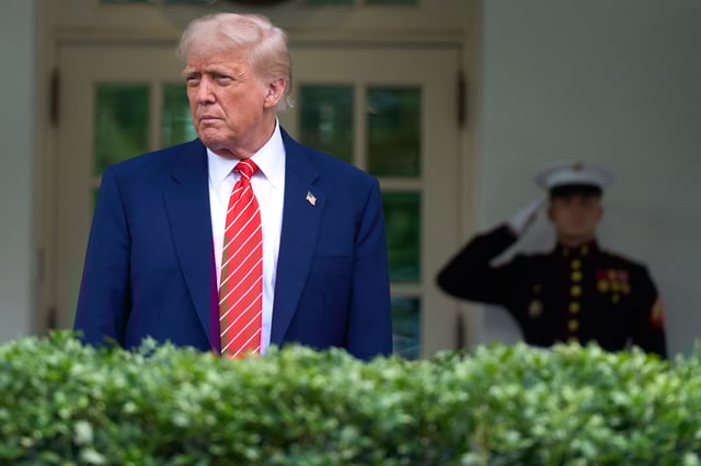 President Donald Trump speaks to reporters outside the West Wing of the White House, Thursday, May 8, 2025, in Washington. (AP Photo/Evan Vucci)