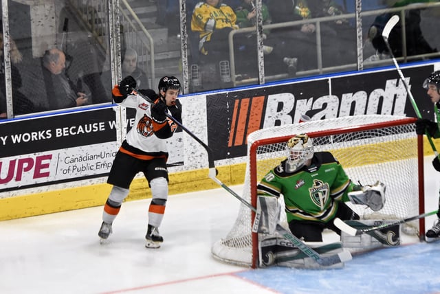 NEWS PHOTO JAMES TUBB Medicine Hat Tigers forward Gavin McKenna scores on a 'Michigan' attempt from behind the Prince Albert net in the third period of Game 3 April 16 at the Art Hauser Centre against the Raiders. The goal came in the third period of a 6-3 win for the Tigers in the second-round series.