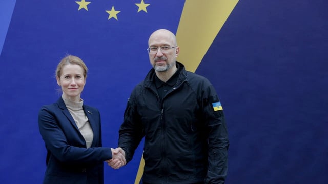 European Union High Representative for Foreign Affairs and Security Policy Kaja Kallas and Ukrainian Prime Minister Denys Shmyhal shake hands as they pose for a picture during a Ukraine-EU meeting, amid Russia's attack on Ukraine, in Lviv, Ukraine May 9, 2025. Press service of the Cabinet of Ministers of Ukraine/Handout via REUTERS