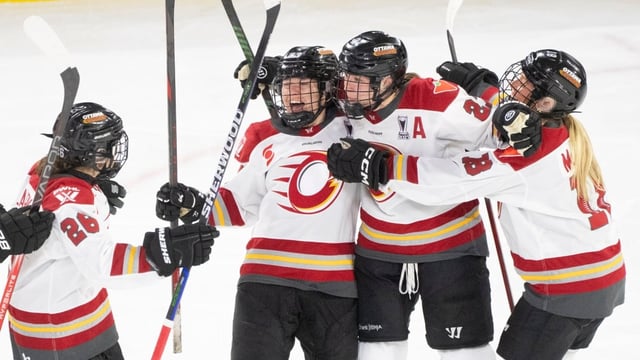 Ottawa Charge forward Shiann Darkangelo (middle right) celebrates her goal with teammates during a 3-2 win over the Victoire in Montreal on Thursday.
