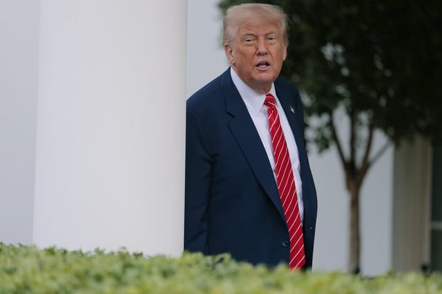 President Donald Trump speaks to reporters outside the West Wing of the White House on May 08, 2025 in Washington, DC.