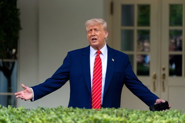 President Donald Trump speaks with reporters in front of the West Wing of the White House, Thursday, May 8, 2025, in Washington. (AP Photo/Alex Brandon)