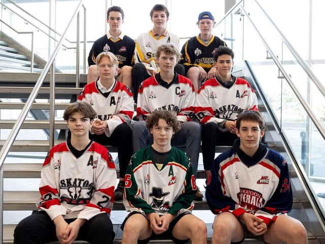 10 Saskatoon minor hockey players were chosen in today's WHL Prospects Draft. Nine of them are pictured here at Merlis Belsher Place: Top left: Sask. Stallions right wing Carter Wiggins, Sask. Stallions left wing Linden Abercrombie, Sask Stallions centre Louis Judd, Middle left: Sask Outlaws centre Jack Frisky, Sask Outlaws centre Bronx Becker and Sask Outlaws defence Dax McDougall and bottom left: Sask Outlaws defence Denys Lupandin, Sask Bandits defence Dilin Coulter-Suttie, Sask Generals goalie Felix Derksen. Photo taken in Saskatoon, Sask. on Thursday, May 8, 2025.