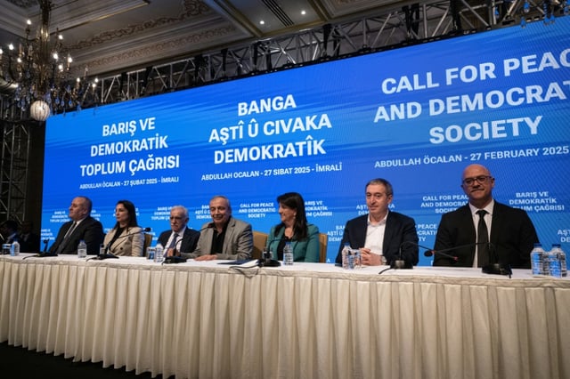 DEM party members read out a declaration by PKK leader Abdullah Ocalan on February 27