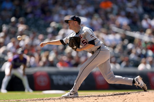 DENVER, COLORADO - MAY 08: Pitcher Chase Lee #53 of the Detroit Tigers throws against the Colorado Rockies in the ninth inning at Coors Field in game one of a double header on May 08, 2025 in Denver, Colorado.