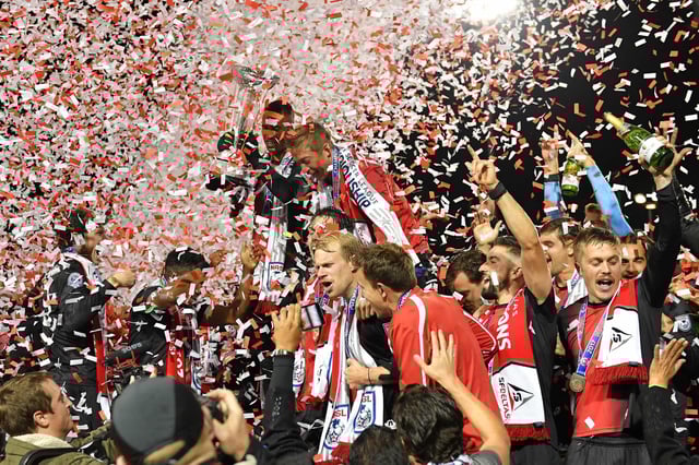 The San Francisco Deltas celebrate after defeating the New York Cosmos to win the NASL Championship on Nov. 12, 2017, at Kezar Stadium in Golden Gate Park.