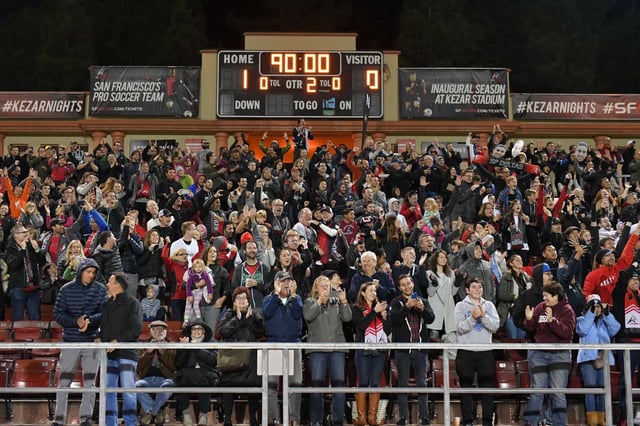 A capacity crowd watches the NASL Championship Finals between the New York Cosmos and San Francisco Deltas at Kezar Stadium in Golden Gate Park on Nov. 12, 2017.
 