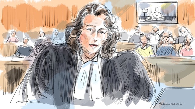 Megan Savard, lawyer for Carter Hart, is seen in this court sketch illustrated on May 8, 2025. Savard is one of five lawyers representing a group of former Canada world junior hockey players charged with sexual assault.