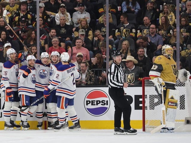 Edmonton Oilers forward Vasily Podkolzin celebrates with teammates after scoring a goal against the Vegas Golden Knights in the second period of Game 2 of the Western Conference semifinal series  at T-Mobile Arena on May 8, 2025 in Las Vegas, Nevada.
