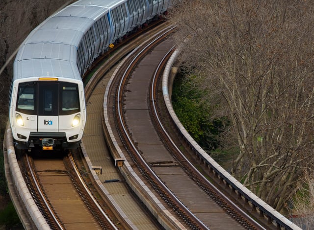 A BART train arrives at the Pleasant Hill BART station in Walnut Creek, Calif., on Monday, Feb. 1, 2021.