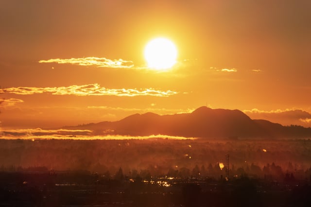A sunrise view towards Griffith Park in Los Angeles, California.