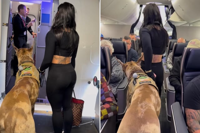 Pietra Luccas, 27, boarding a Delta flight from San Francisco with her Great Dane service dog.