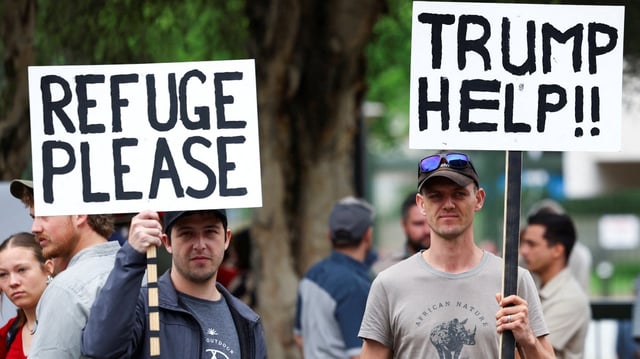 Protesters outside the US embassy in Pretoria. Trump claims that Afrikaners are “victims of unjust racial discrimination”