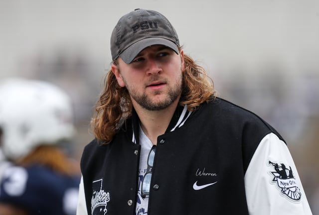 Apr 26, 2025; University Park, PA, USA; Former Penn State Nittany Lions tight end Tyler Warren walks on the sideline prior to the Blue White spring game at Beaver Stadium. Mandatory Credit: Matthew O'Haren-Imagn Images/File Photo