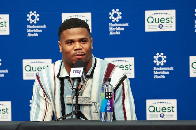 Apr 25, 2025; East Rutherford, NJ, US;  New York Giants first round draft pick, Abdul Carter, takes questions from the media during his introduction press conference. New York Giants Mandatory Credit: Thomas Salus-Imagn Images/File Photo
