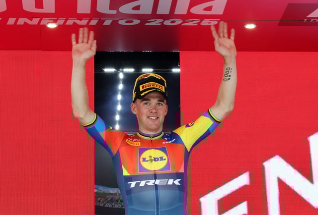 Cycling - Giro d'Italia - Stage 1 - Durazzo to Tirana - Albania - May 9, 2025 Lidl - Trek's Mads Pedersen celebrates on the podium after winning stage 1 REUTERS/Florion Goga