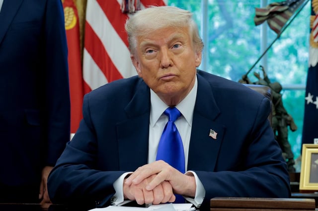 WASHINGTON, DC - MAY 05: U.S. President Donald Trump takes a question from a reporter in the Oval Office at the White House on May 05, 2025 in Washington, DC. Trump signed new proclamations and executive orders, including one that ends federal funding for so-called &#34;gain-of-function&#34; studies, which explores the use of microorganisms to alter biological functions in the aid of gene products. (Photo by Anna Moneymaker/Getty Images)