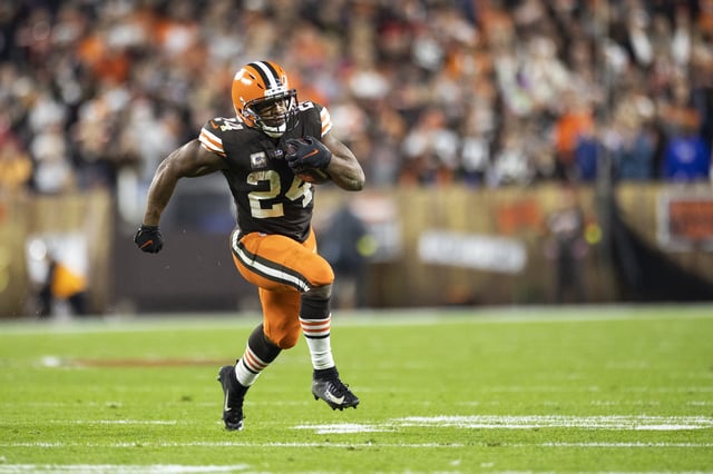Oct 31, 2022; Cleveland, Ohio, USA; Cleveland Browns running back Nick Chubb (24) runs the ball against the Cincinnati Bengals during the third quarter at FirstEnergy Stadium. Mandatory Credit: Scott Galvin-USA TODAY Sports/File Photo
