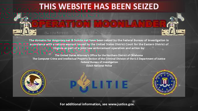 A screenshot of the seizure notice on the websites of 5Socks and Anyproxy, two services selling access to a botnet of hacked internet-connected devices. (Image: Screenshot/TechCrunch)