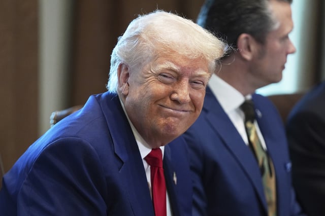 President Donald Trump listens during a cabinet meeting at the White House, Wednesday, April 30, 2025, in Washington. (AP Photo/Evan Vucci)