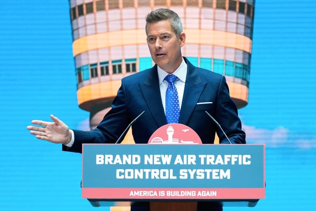 Transportation Secretary Sean Duffy announces a new air traffic control infrastructure plan on Thursday in Washington. (JULIA DEMAREE NIKHINSON/AP)