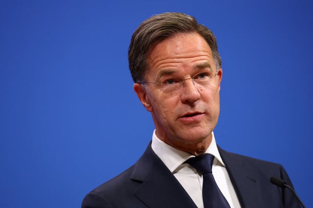 NATO Secretary General Mark Rutte attends a press conference with German Chancellor Friedrich Merz at the alliance's headquarters in Brussels, Belgium, May 9, 2025. REUTERS/Piroschka van de Wouw
