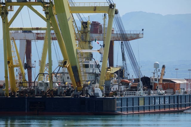 The floating crane ship HEBO LIFT 10, which will recover the "Bayesian" yacht of British tech entrepreneur Mike Lynch, is docked at the port of Termini Imerese ahead of the salvage operation off Porticello, near Palermo, Italy on May 3.