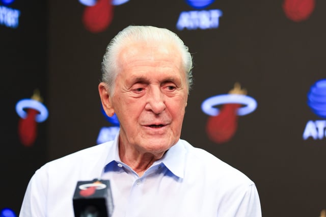 MIAMI, FLORIDA - FEBRUARY 09: Pat Riley speaks to media at Kaseya Center on February 09, 2025 in Miami, Florida.