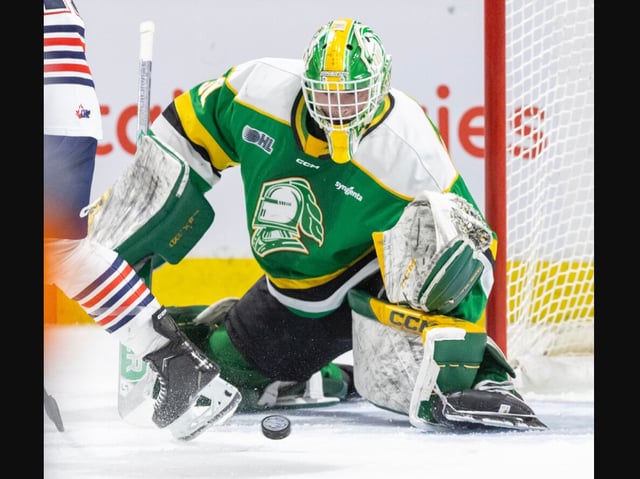  London Knights goalie Austin Elliott keeps his eye on the puck during Game 1 of the Ontario Hockey League final against the Oshawa Generals at Canada Life Place in London on May 8, 2025. Derek Ruttan/ The London Free Press