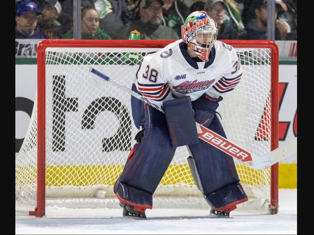 Oshawa Generals goalie Jacob Oster is shown during Game 1 of the Ontario Hockey League final against the London Knights at Canada Life Place in London on May 8, 2025. Derek Ruttan/ The London Free Press