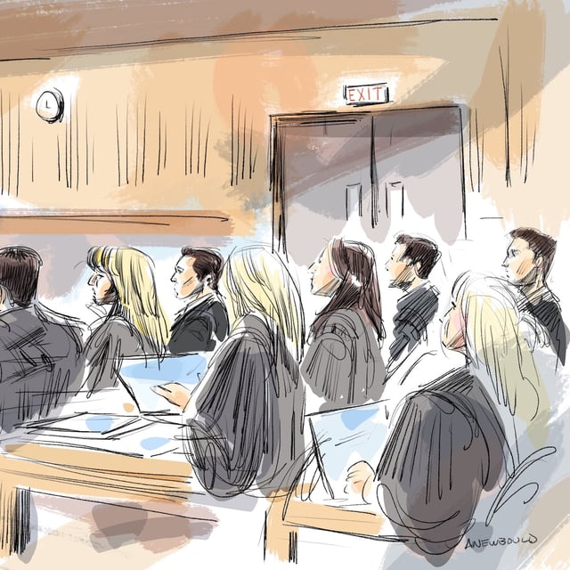 Justice Maria Carroccia, left, looks out over the courtroom in this courtroom sketch made in London, Ont., on Tuesday, April 22, 2025. Dillon Dube, Carter Hart, Michael McLeod, Cal Foote and Alex Formenton, five former members of Canada's world junior hockey team, have pleaded not guilty in their sexual assault trial.