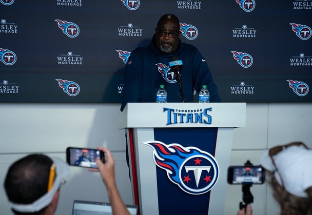 Aug 10, 2023; Tennessee, TN, USA; Tennessee Titans assistant head coach Terrell Williams talks to the media after a training session at Ascension Saint Thomas Sports Park. Williams will be the acting head coach for their first preseason game against the Chicago Bears. Mandatory Credit: Denny Simmons-USA TODAY Sports/File Photo
