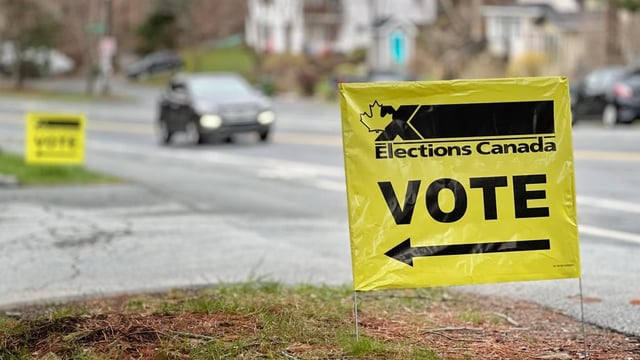 A sign directs voters where to cast their ballots on Monday, April 28, 2025.