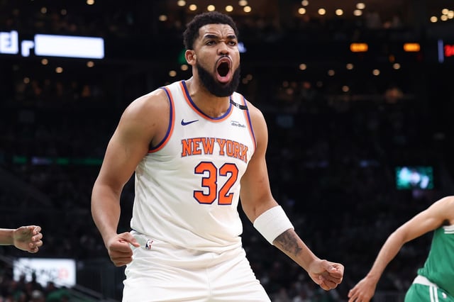 BOSTON, MASSACHUSETTS - MAY 07:  Karl-Anthony Towns #32 of the New York Knicks reacts during the first quarter against the Boston Celticsn Game Two of the Eastern Conference Second Round NBA Playoffs at TD Garden on May 07, 2025 in Boston, Massachusetts. NOTE TO USER: User expressly acknowledges and agrees that, by downloading and or using this photograph, User is consenting to the terms and conditions of the Getty Images License Agreement. (Photo by Maddie Meyer/Getty Images)