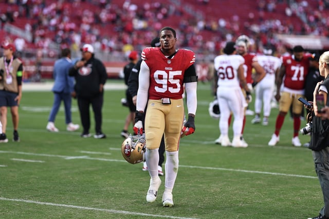 Drake Jackson of the San Francisco 49ers walks off the field following a game between the San Francisco 49ers and the Arizona Cardinals at Levi&#39;s Stadium on October 01, 2023 in Santa Clara, California.