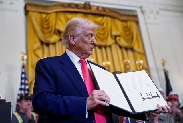 U.S. President Donald Trump holds an energy-related executive order, at the White House in Washington, D.C., U.S., April 8, 2025. REUTERS/Nathan Howard