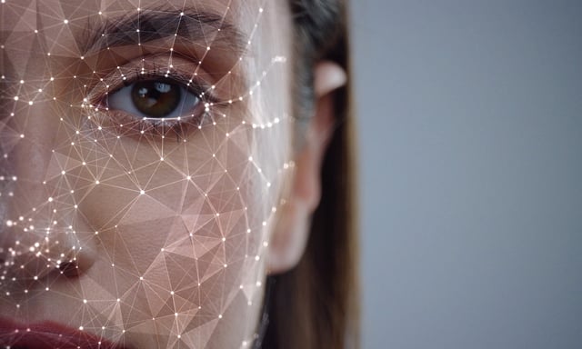 Face ID. Future. Half Face of Young Caucasian Woman for Face Detection. Brown Female Eye Biometrical Iris Scan Reading for Person Identification. Augmented Reality. 3D Technology Concept.