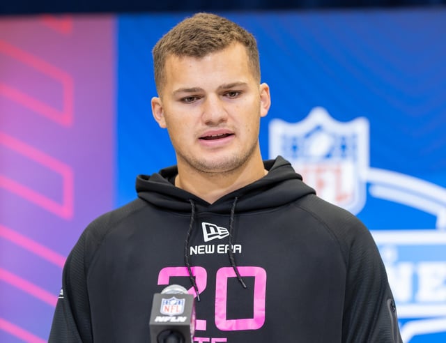 INDIANAPOLIS, INDIANA - FEBRUARY 27: Mason Taylor of Louisiana State speaks to the media during the 2025 NFL Scouting Combine at Lucas Oil Stadium on February 27, 2025 in Indianapolis, Indiana.  (Photo by Michael Hickey/Getty Images)