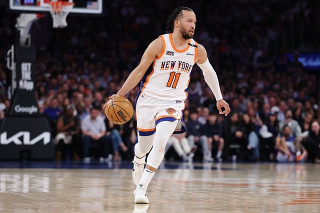 NEW YORK, NEW YORK - APRIL 29: Jalen Brunson #11 of the New York Knicks in action in Game Five of the Eastern Conference First Round NBA Playoffs against the Detroit Pistons at Madison Square Garden on April 29, 2025 in New York City. NOTE TO USER: User expressly acknowledges and agrees that, by downloading and or using this photograph, User is consenting to the terms and conditions of the Getty Images License Agreement. (Photo by Sarah Stier/Getty Images)