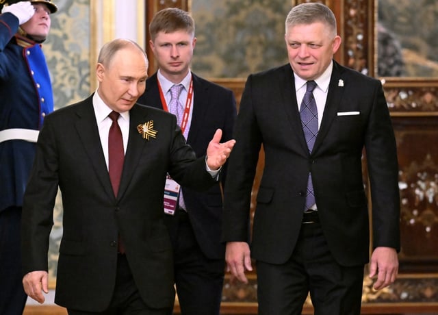 Robert Fico, left, was the sole EU leader to attend WWII commemorations in Moscow hosted by Vladimir Putin