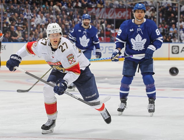 Eetu Luostarinen #27 of the Florida Panthers skates after a puck against the Toronto Maple Leafs during the third period in Game Two of the Second Round of the 2025 Stanley Cup Playoffs at Scotiabank Arena on May 7, 2025 in Toronto, Ontario, Canada. The Maple Leafs defeated the Panthers 4-3.