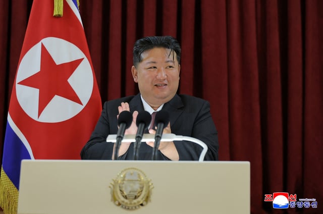 North Korean leader Kim Jong Un attends an event to celebrate Russia's Victory Day, at the Russian embassy in Pyongyang, North Korea, May 9, 2025. KCNA via REUTERS