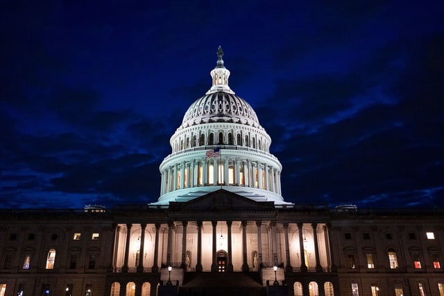 UNITED STATES - APRIL 4: The U.S. Capitol dome is lit as the Senate prepares to begin its vote-a-rama on the GOP's budget resolution on Friday evening, April 4, 2025. (Bill Clark/CQ Roll Call via AP Images)